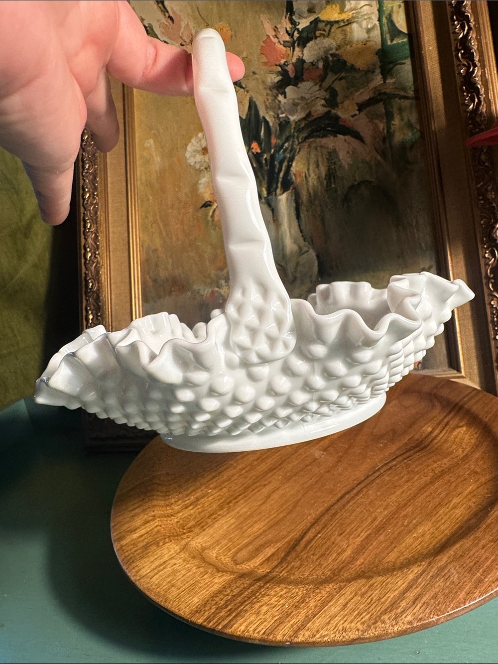 Vintage Fenton White Handled Milk Glass Hobnail Ruffled Edge Basket With Seams